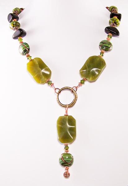 Jade and Lampwork Copper Necklace