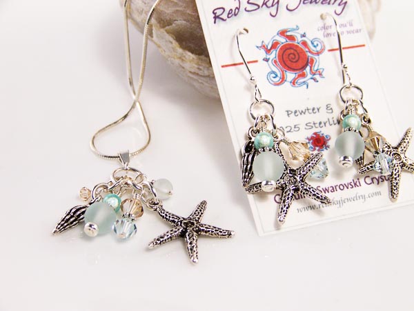 starfish set - david christensen glass, swarovski crystal, sea glass, pewter, sterling