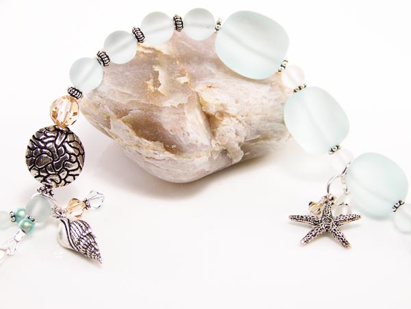 sea aqua - sea glass beads, swarovski crystal, sterling, pewter