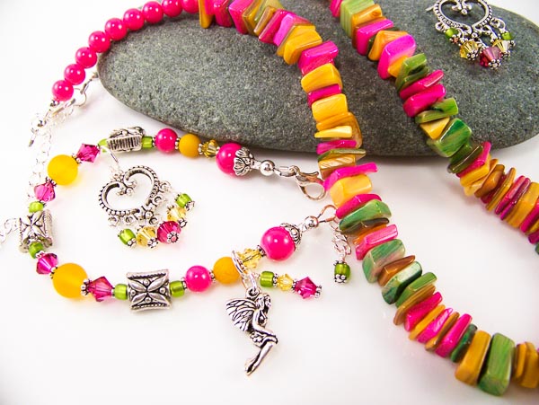 bright colors - shell chips, sea glass, swarovski crystal