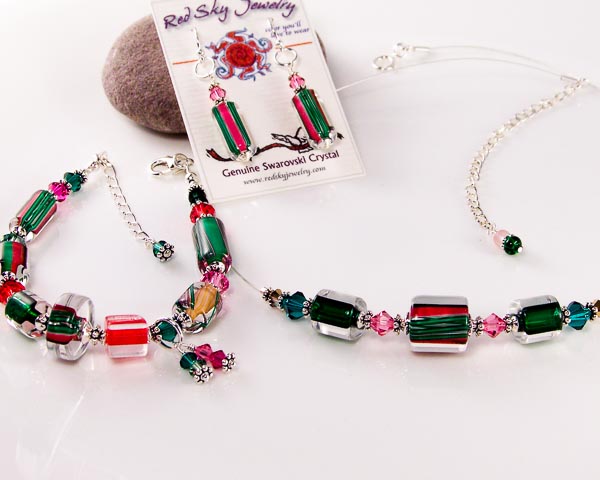 candy canes - david christiansen glass, swarovski crystal, pewter,  sterling silver